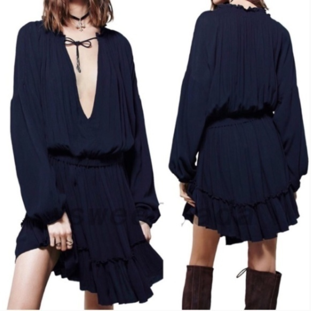 NWT Santa Fe Plunge‎ Neck Peasant Dress Sapphire Extra Large